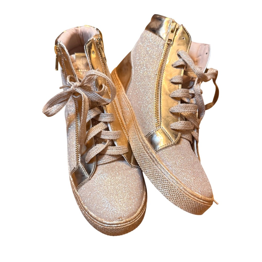 Lauren Lorraine Rose Gold Glitter High Top Sneakers Metallic Side Zip Size 10